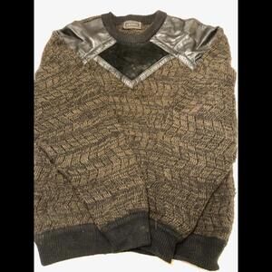 VTG 80'S SAXONY Mens Brown With Black Leather Sweater